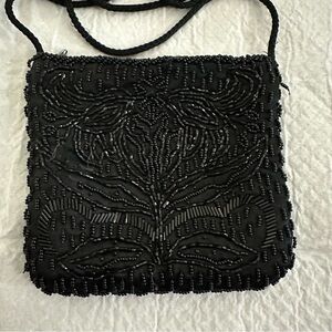 MAGID Vintage 90’s Black Beaded Evening Crossbody Purse Zips Up W/Inside Pocket